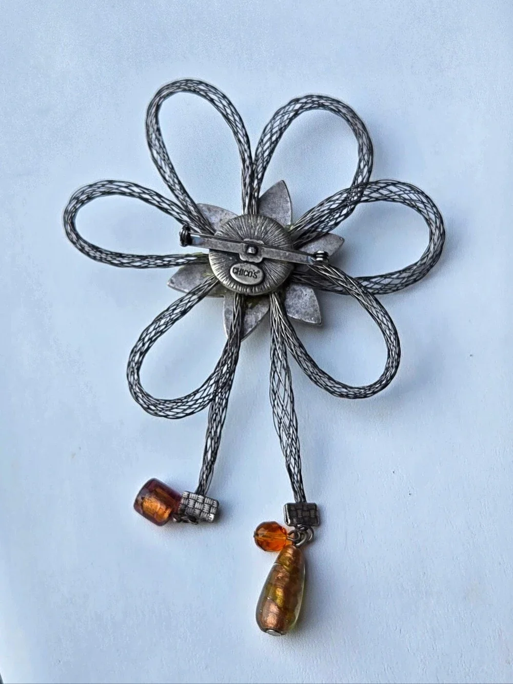 Chico's Floral Multi-Color Crystal & Silver-Tone Larg Mesh Flower Brooch